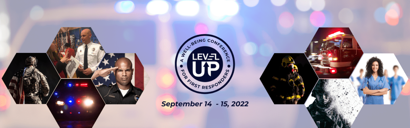 Level Up Conference introduction image with hexagons of first responder images overlaying a blurry police vehicle background